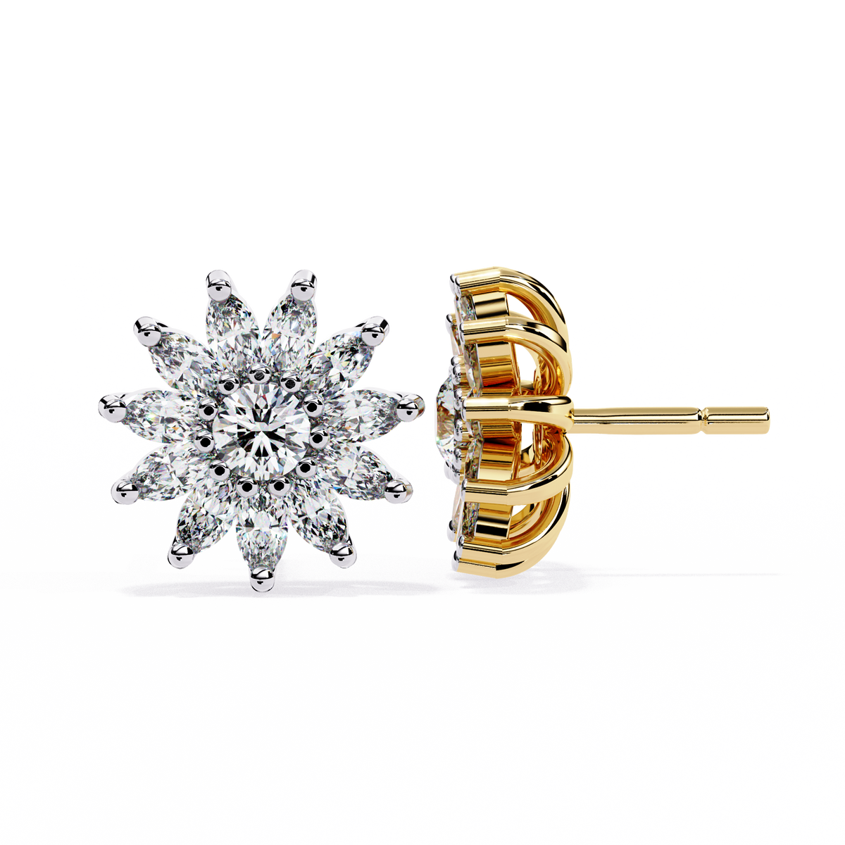 Floral Lab Diamond Marquise Cluster Stud Earrings with Round Center - View 4