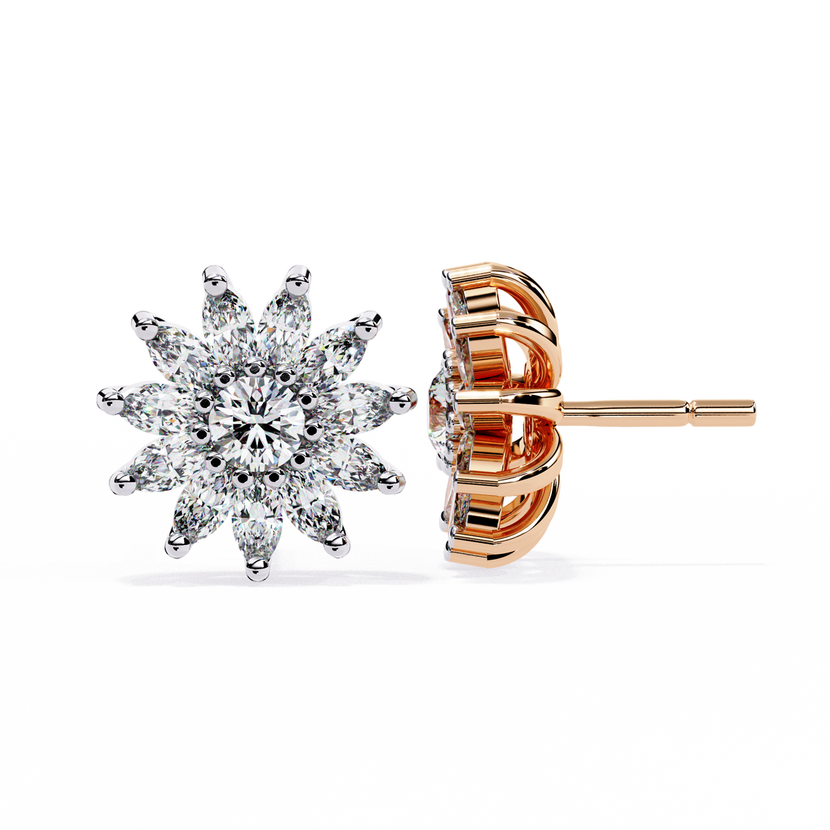Floral Lab Diamond Marquise Cluster Stud Earrings with Round Center - View 5