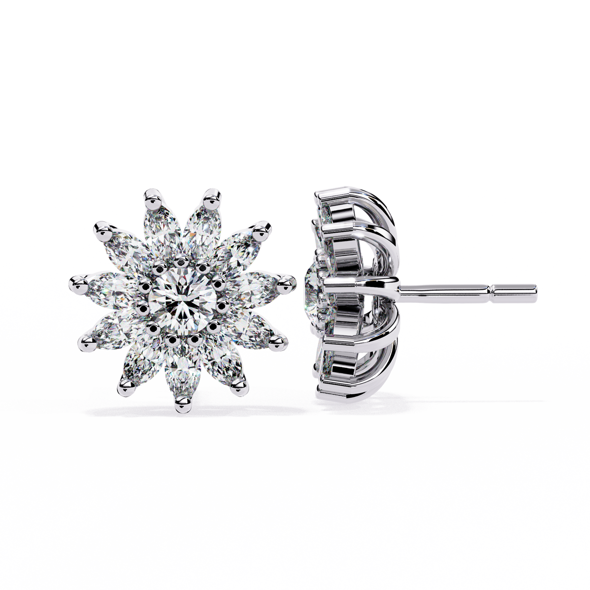 Floral Lab Diamond Marquise Cluster Stud Earrings with Round Center - View 6