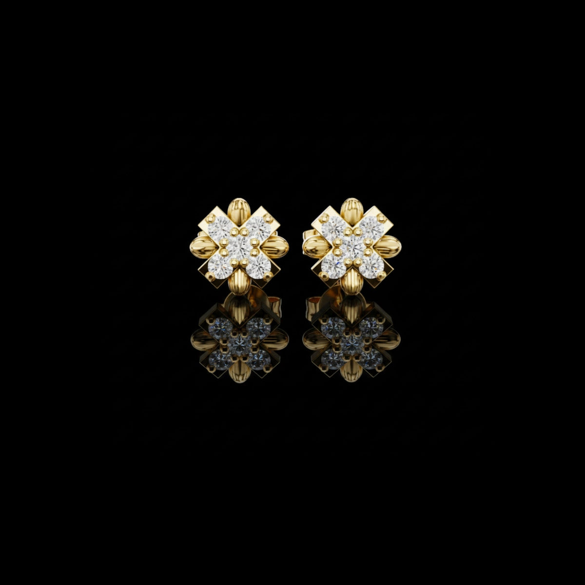 Floral Cross Round Lab Diamond Stud Earrings with Sculpted Petal Motif Cluster