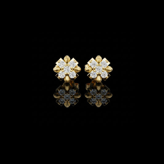 Floral Cross Round Lab Diamond Stud Earrings with Sculpted Petal Motif Cluster