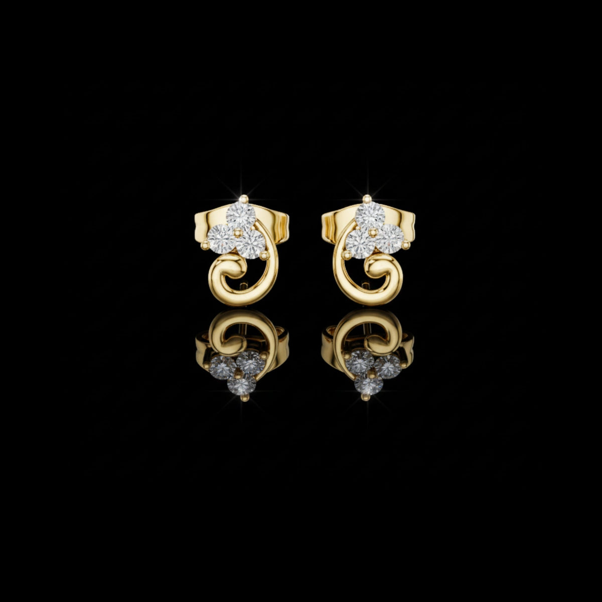 Swirl Design Stud Earrings with Triple Brilliant Round Cut Lab Diamonds