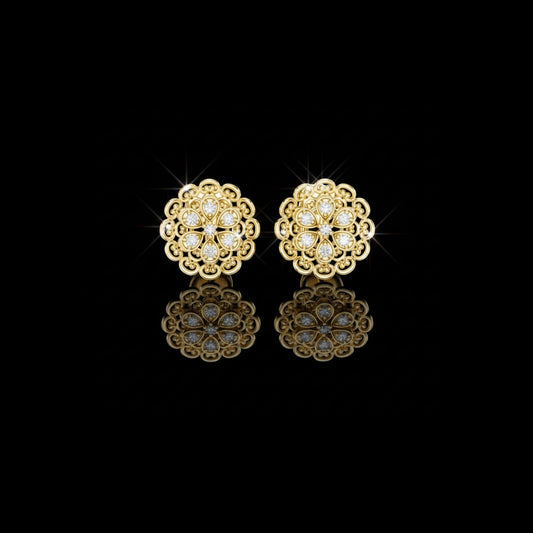 Vintage Lace Floral Round Moissanite Diamond Stud Earrings with Filigree Detailing