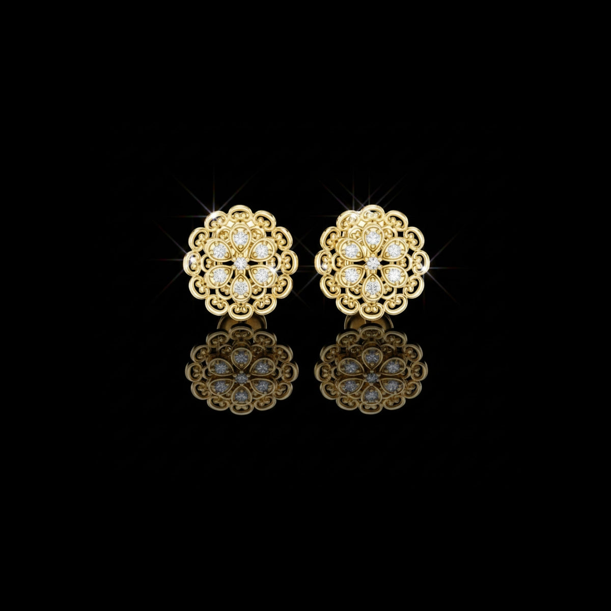 Vintage Lace Floral Round Lab Diamond Stud Earrings with Filigree Detailing