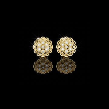 Vintage Lace Floral Round Lab Diamond Stud Earrings with Filigree Detailing