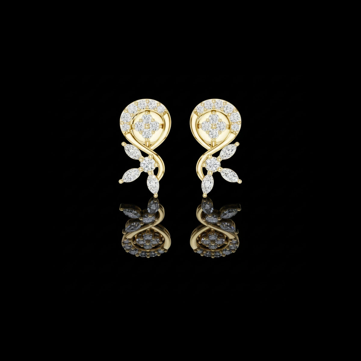 Floral Vine Moissanite Diamond Marquise & Round Stone Drop Stud Earrings