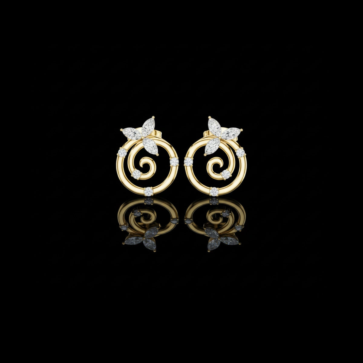 Classic Marquise Cut Lab Diamond Elegant Spiral Earrings With Round Diamond Leaf Accents