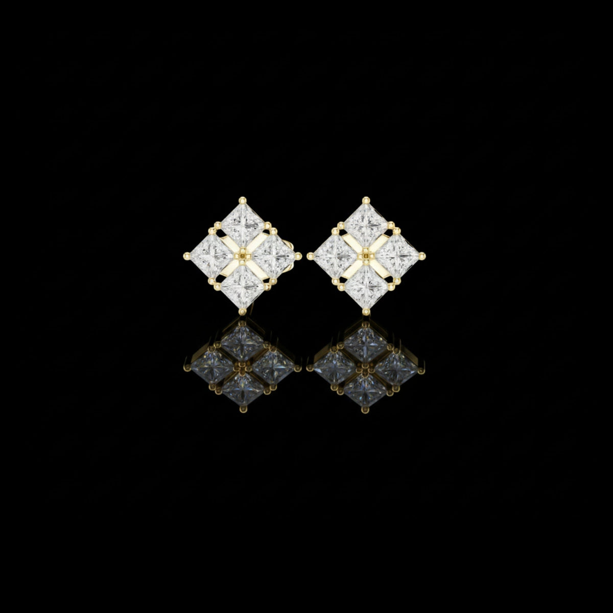 Quad Cluster Lab Diamond Earring Four Stone Princess Cut Studs