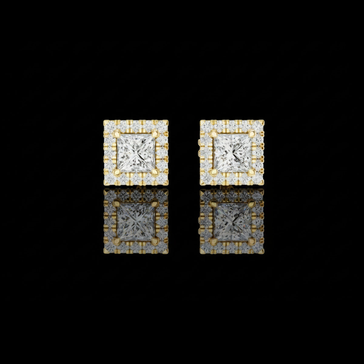 Royal Square Princess Lab Diamond Stud Earrings with Halo Round Diamond