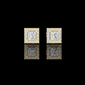 Royal Square Princess Lab Diamond Stud Earrings with Halo Round Diamond