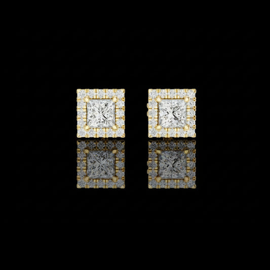 Royal Square Princess Moissanite Diamond Stud Earrings with Halo Round Diamond