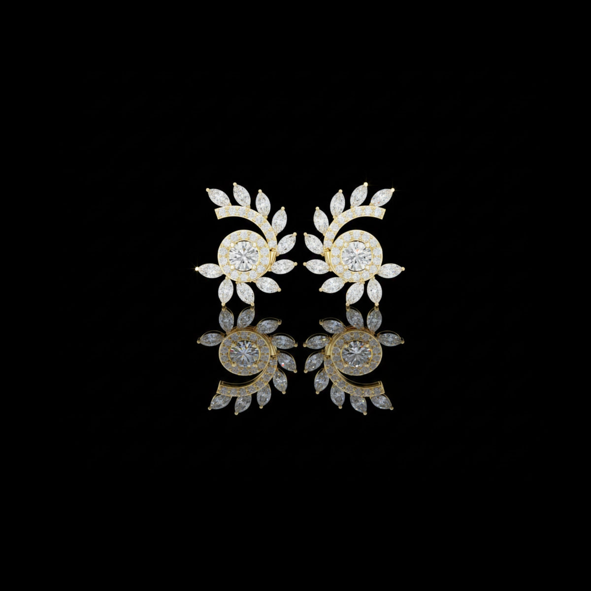Marquise Leaf Lab Diamond Earrings Spiral Vine Halo Cluster Studs
