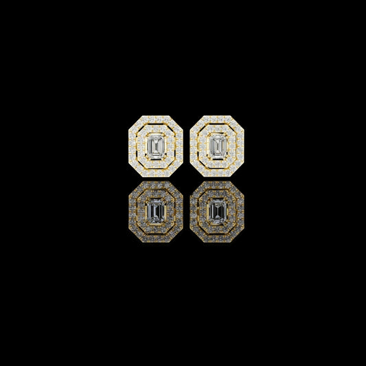 Octagonal Double Halo Emerald Cut Moissanite Diamond Stud Earring