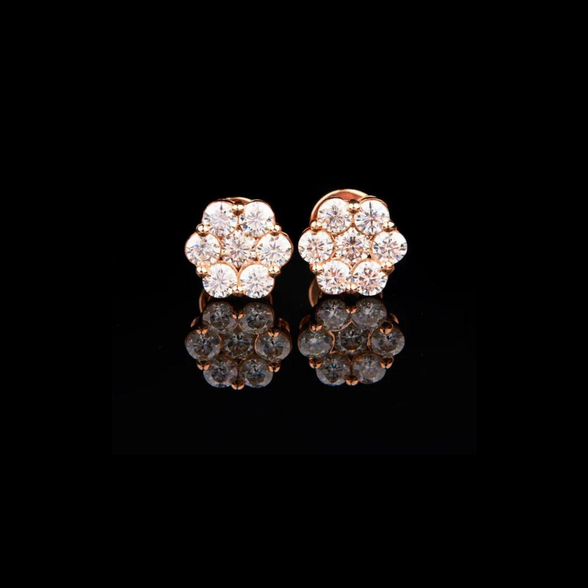 Luxury Rose Gold Floral Cluster Stud Moissanite Earrings Featuring Brilliant Round Multi Stone Design