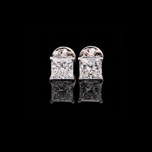 Premium Princess Cut Moissanite Diamond Stud Earrings in Polished White Gold Brilliant Solitaire Design