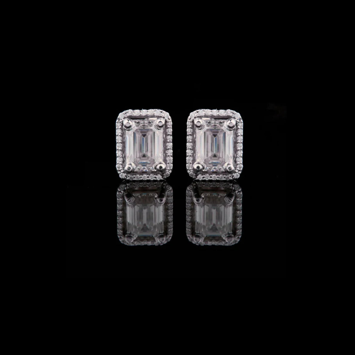Luxurious Emerald Cut Moissanite Diamond Halo Stud Earring in White Gold