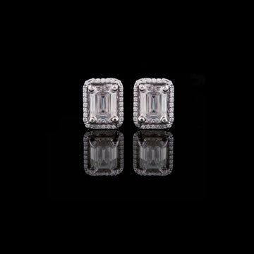 Luxurious Emerald Cut Moissanite Diamond Halo Stud Earring in White Gold