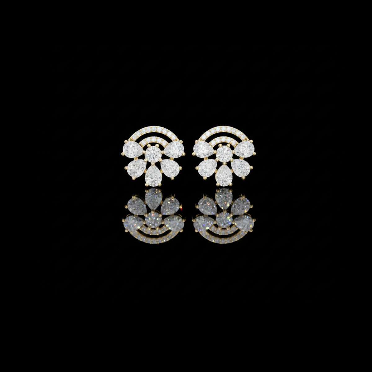 Art Deco Lab Diamond Pear Shape Floral Fan Cluster Studs Earrings