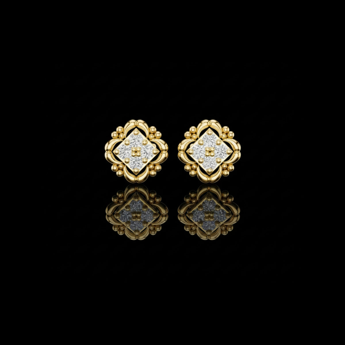 Sculpted Ornate Round Moissanite Diamond Stud Earrings with Floral Beaded Frame