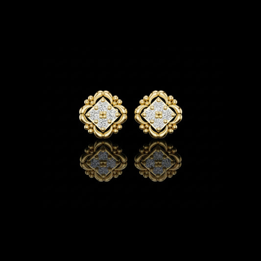 Sculpted Ornate Round Moissanite Diamond Stud Earrings with Floral Beaded Frame