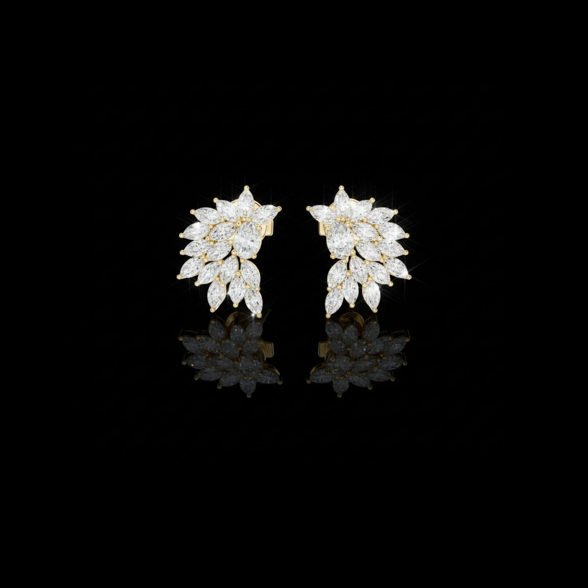 Floral Marquise Cut Lab Diamond Cluster Stud Earrings with Leaf Inspired Design