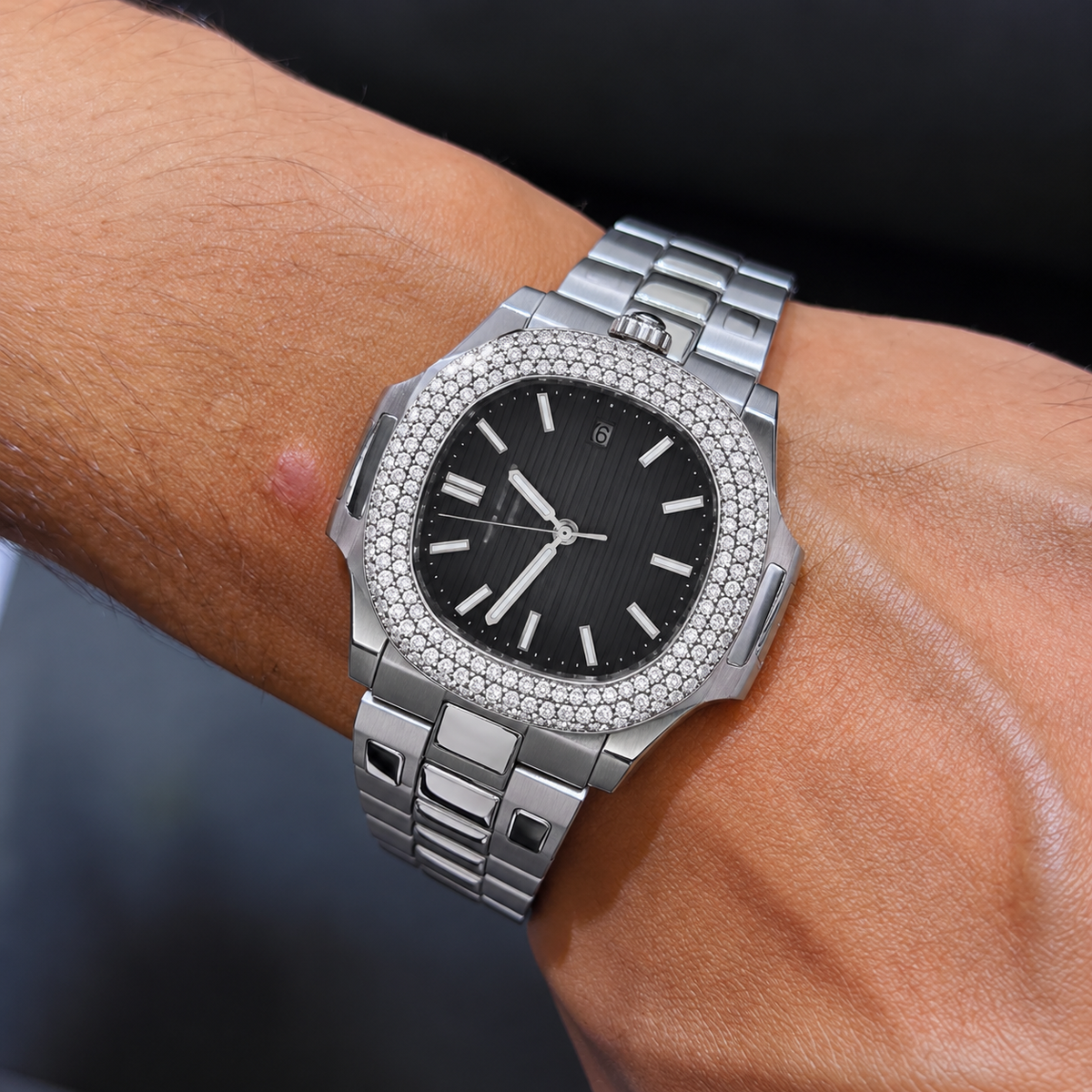 Iced Out Black Dial Watch & Diamond Tennis Bracelet Set