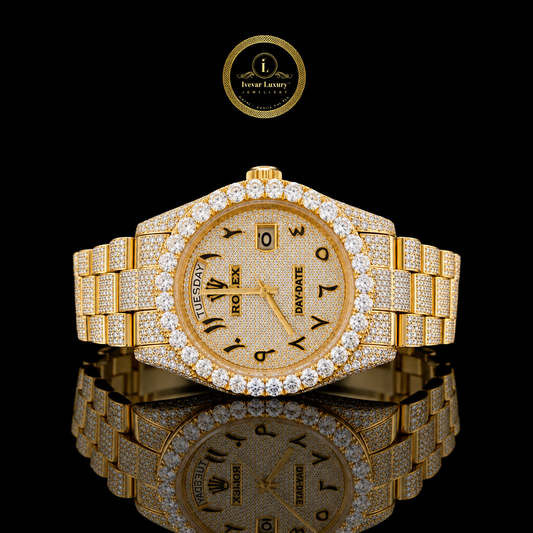 Full Iced Out Yellow Gold Calendar Watch with Arabic Numeral Diamond Dial