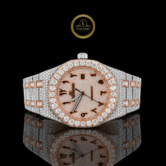 Full Iced Out Two-Tone Calendar Diamond Watch with Arabic Numeral Dial