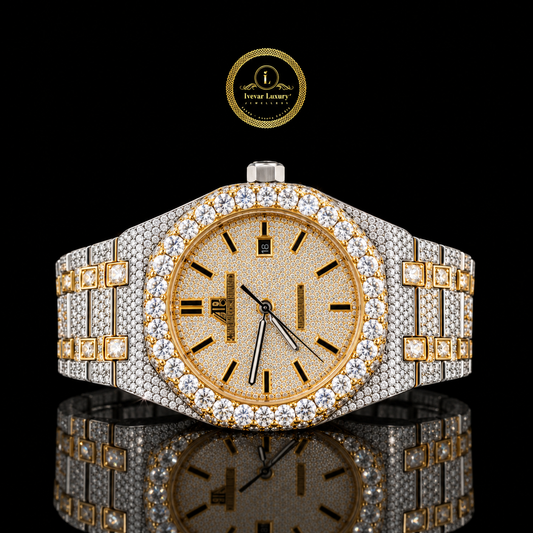 Full Iced Out Two-Tone Octagon Style Watch with Diamond Dial & Baton Markers