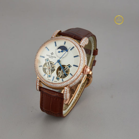 Luxurious Watch with Moissanite Diamonds & Leather Strap – Elegant Mechanical Timepiece