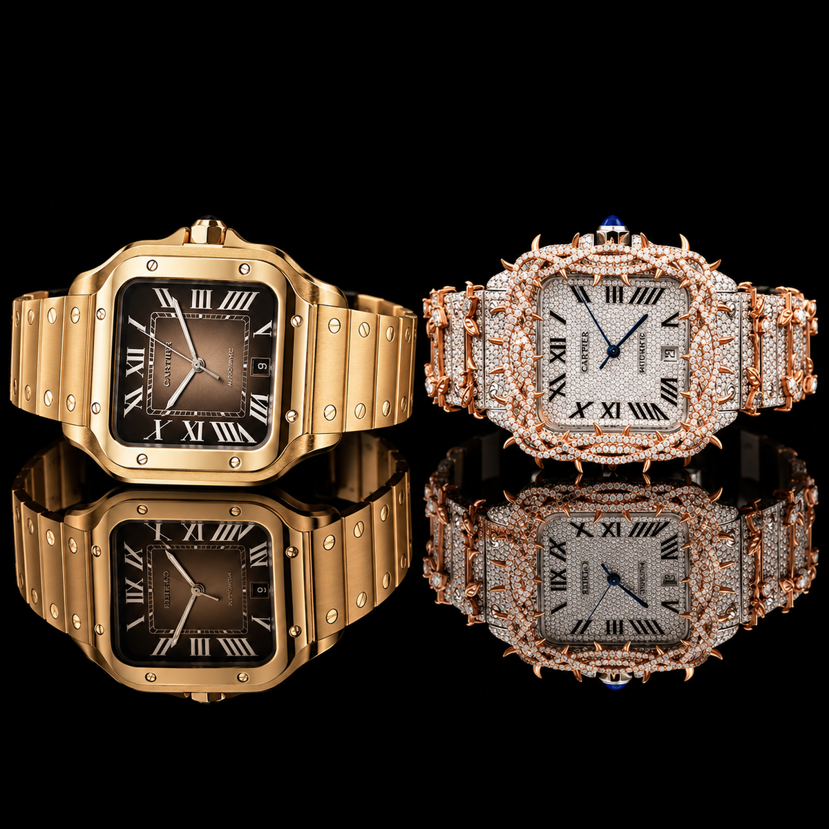 Luxury Gold & Iced Out Diamond Watches Square Dial Statement Watch Collection