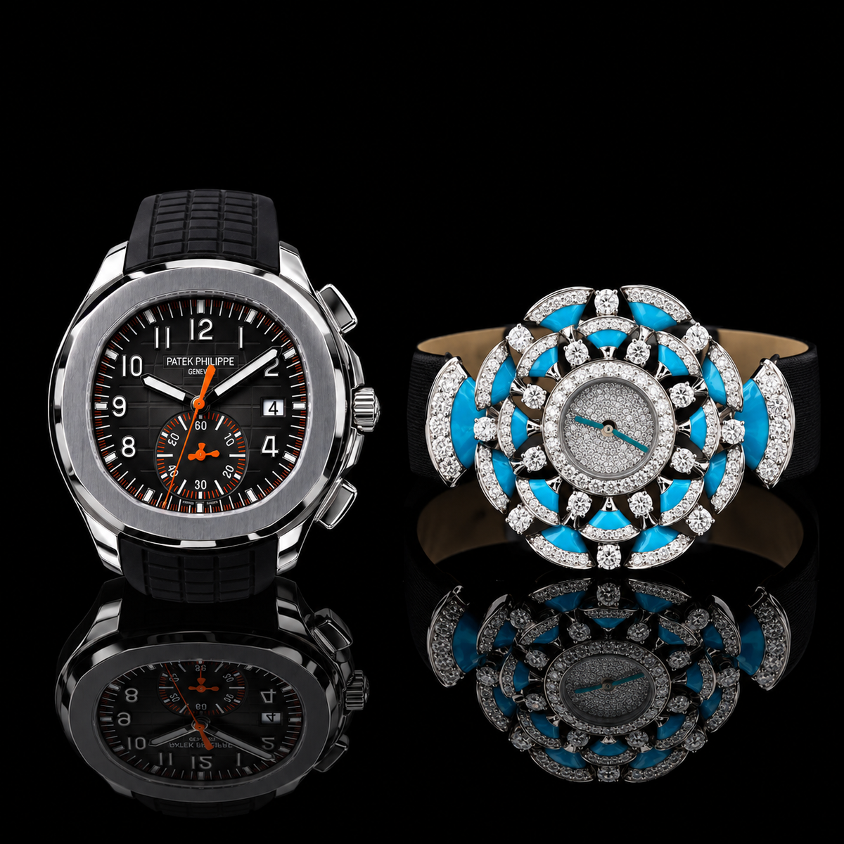 Luxury Watch Collection | Black Chronograph & Turquoise Diamond Floral Watch