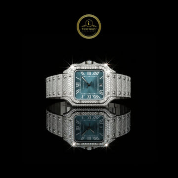 Elegant Lab Grown Diamond-Encrusted Silver Timepiece with Aqua Blue Roman Dial and Paved Bracelet