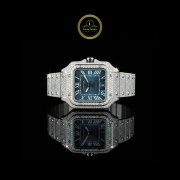 Magnificent Moissanite Diamond-Encrusted Luxury Watch with Deep Blue Dial and Silver Roman Numerals