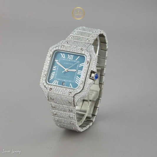 Magnificent Moissanite Diamond-Encrusted Luxury Watch with Deep Blue Dial and Silver Roman Numerals