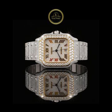 Luxurious Lab Grown Diamond-Encrusted Automatic Watch with Two-Tone Bezel and Multicolor Roman Numeral Dial