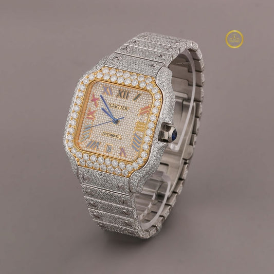 Luxurious Moissanite Diamond-Encrusted Automatic Watch with Two-Tone Bezel and Multicolor Roman Numeral Dial