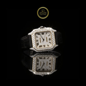 Exquisite Moissanite Diamond-Studded Square Luxury Timepiece with Roman Numerals and Black Leather Strap
