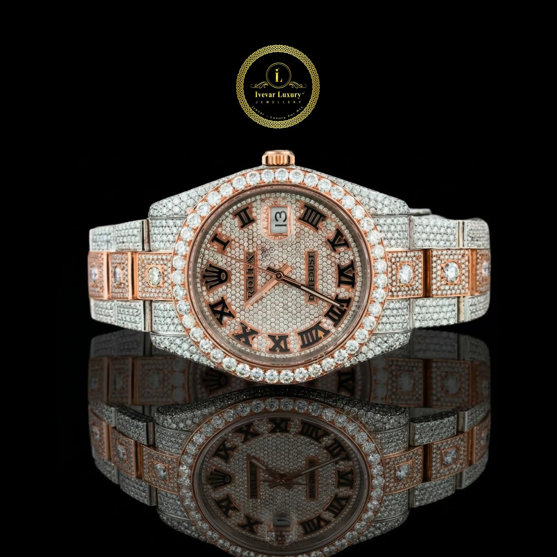 Luxury diamond-encrusted watch with rose gold accents 