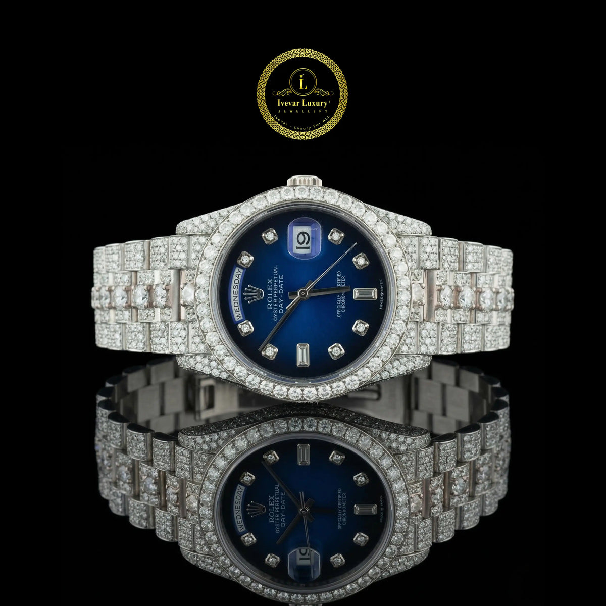 Luxury diamond-encrusted watch with blue face