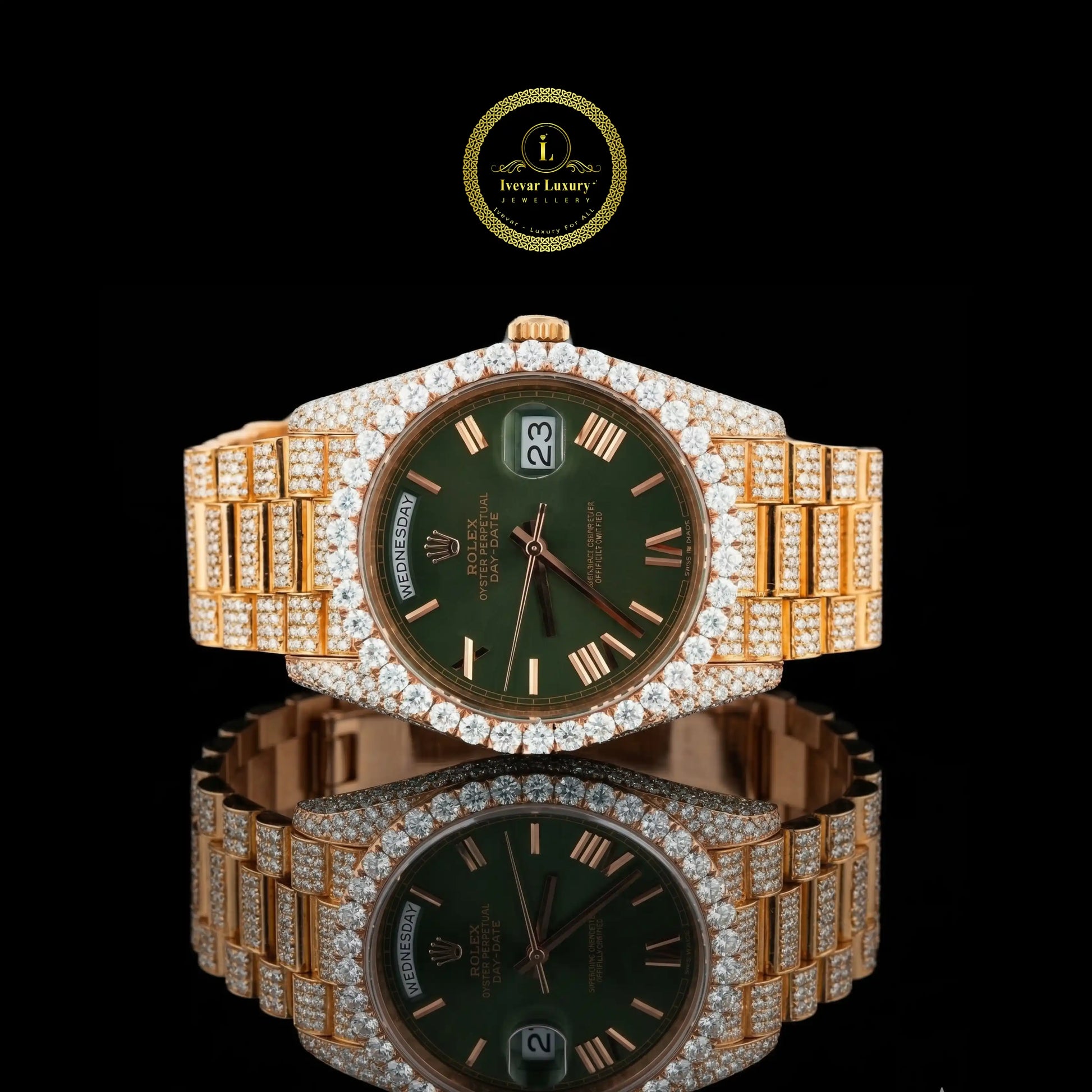 Luxury watch with green face and gold casing 