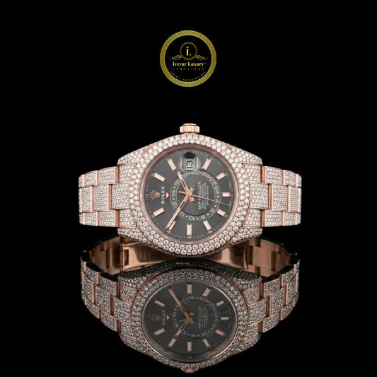 Luxury Black Leather Band Bezel Statement Watch With Rose Gold Ice Out Watch For Men's By Ivevar