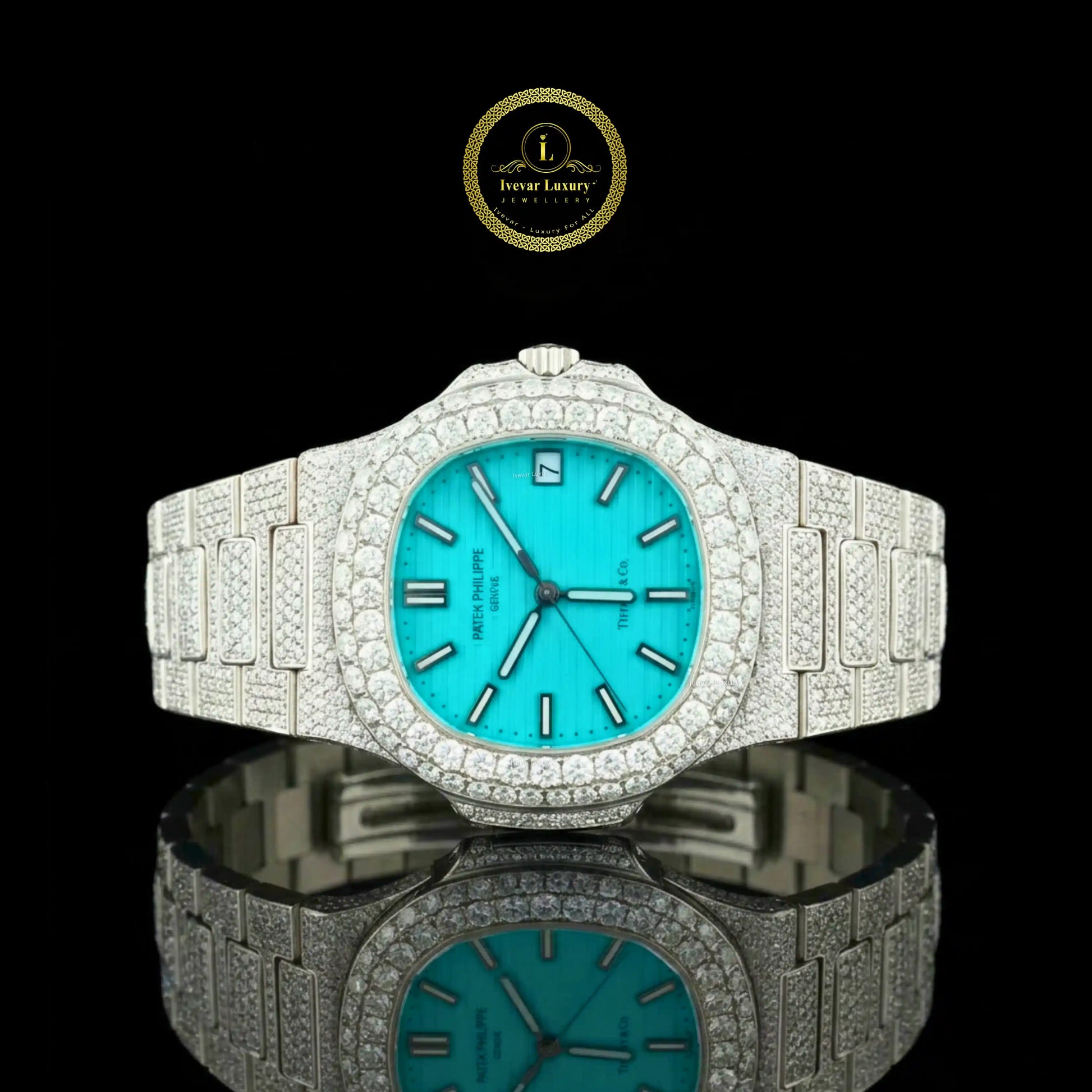 Luxury diamond-encrusted watch with turquoise face 