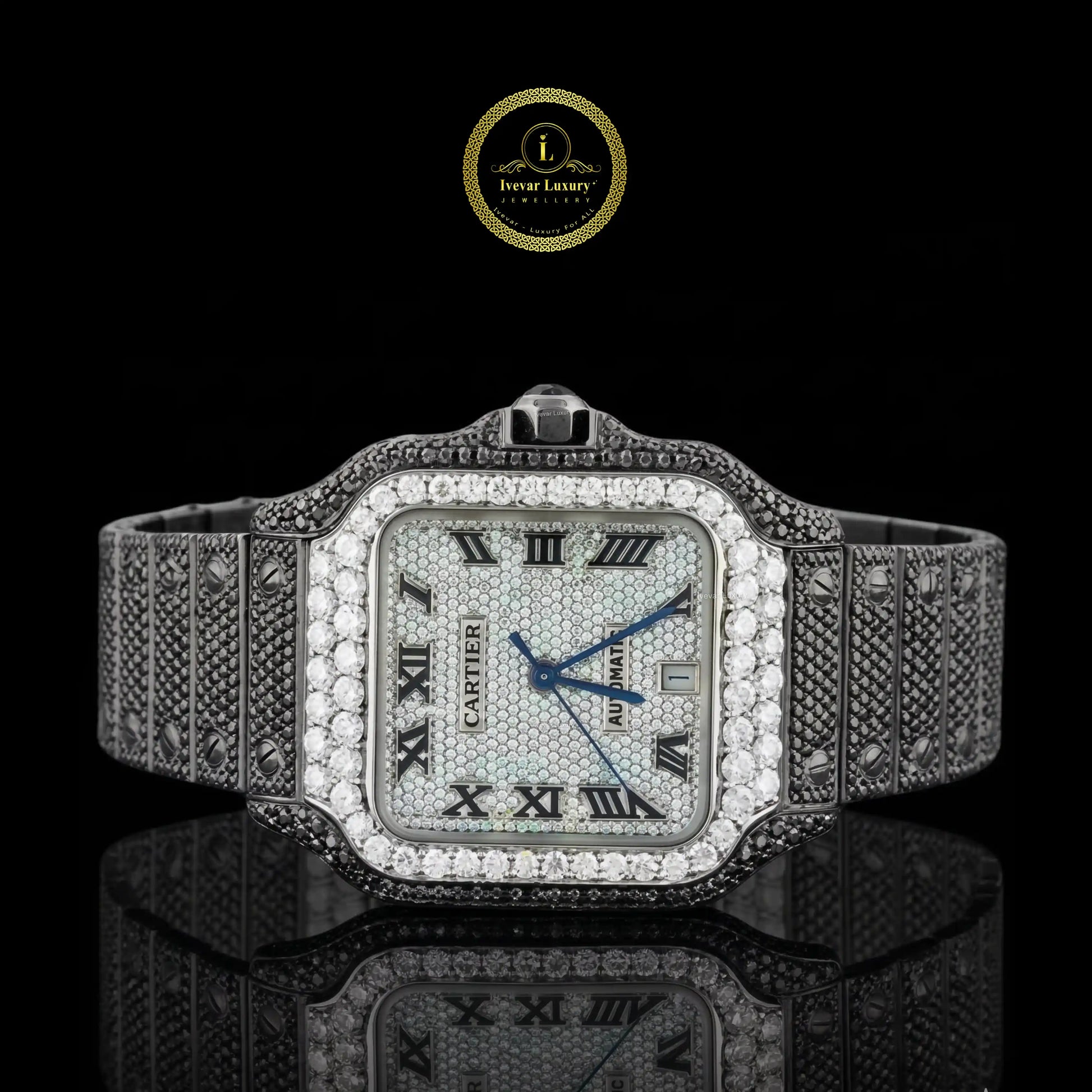 Luxury diamond-encrusted watch with Cartier branding 