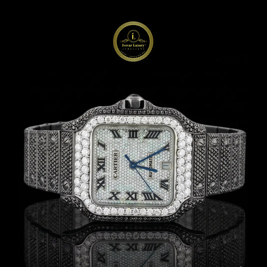 Luxury diamond-encrusted watch with Cartier branding 