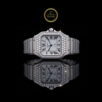 Elegant Stainless-Steel Luxury Timepiece with Moissanite Diamond-Set Bezel and Classic Roman Numeral Dial