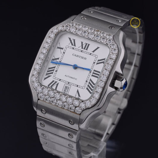 Elegant Stainless-Steel Luxury Timepiece with Moissanite Diamond-Set Bezel and Classic Roman Numeral Dial