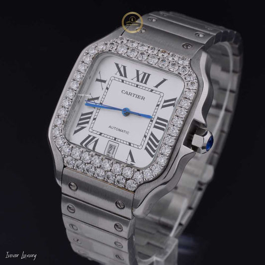Elegant Stainless-Steel Luxury Timepiece with Lab Grown Diamond-Set Bezel and Classic Roman Numeral Dial