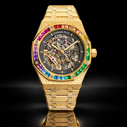 Luxury Rainbow Bezel Skeleton Watches in Gold & Silver Sets - view 2