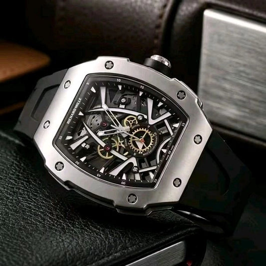 White Carbon Fiber Skeleton Dial Automatic Tonneau Watch